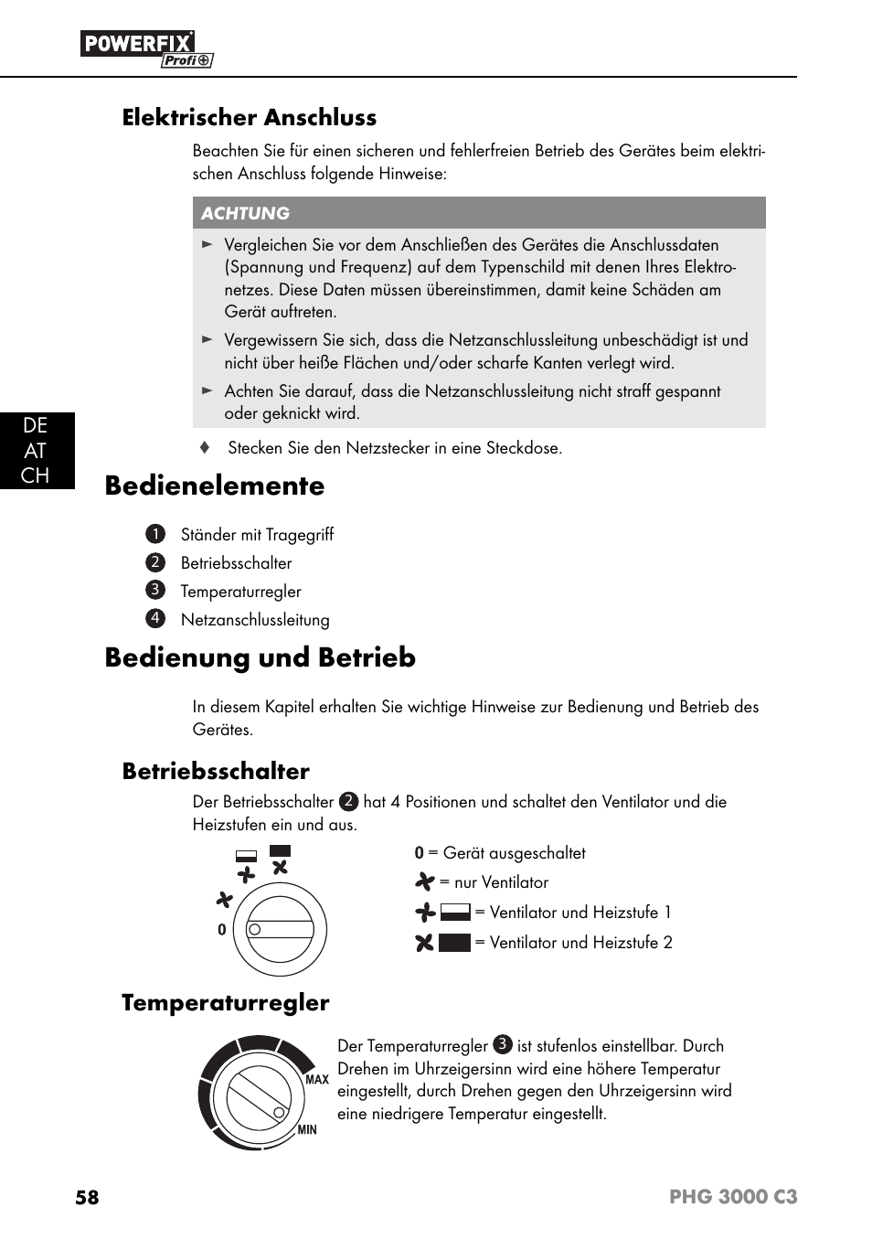 Bedienelemente, Bedienung und betrieb, Elektrischer anschluss | Betriebsschalter, Temperaturregler, De at ch | Powerfix PHG 2500 C3 User Manual | Page 61 / 67