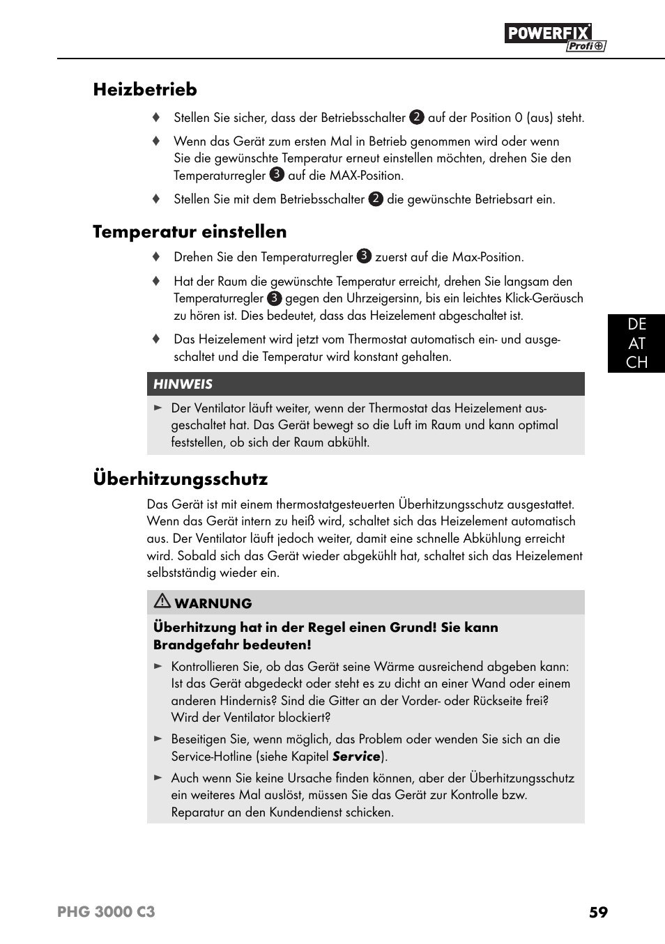 Heizbetrieb, Temperatur einstellen, Überhitzungsschutz | De at ch | Powerfix PHG 2500 C3 User Manual | Page 62 / 67