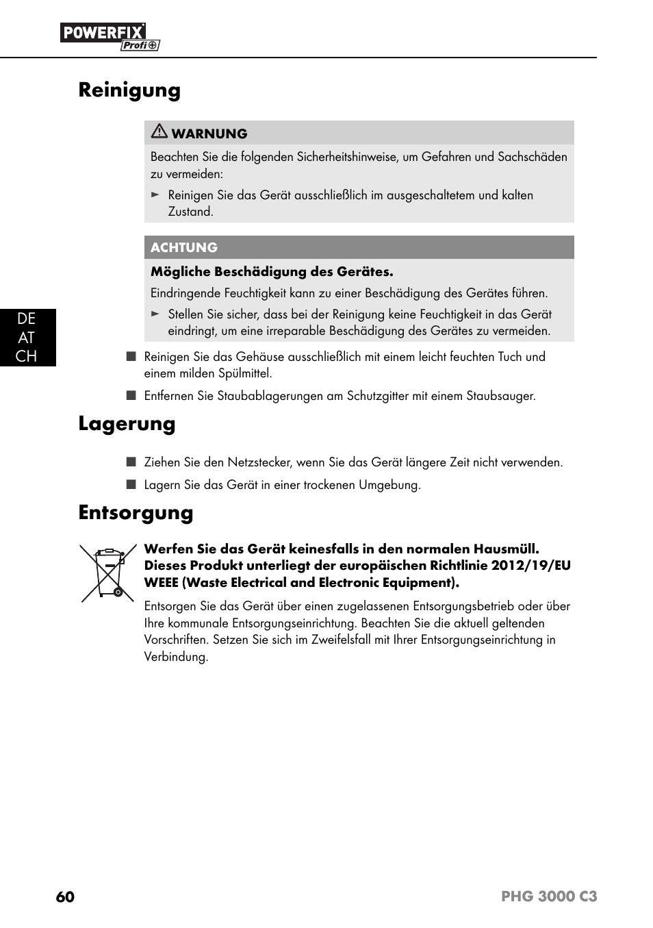 Reinigung, Lagerung, Entsorgung | De at ch | Powerfix PHG 2500 C3 User Manual | Page 63 / 67