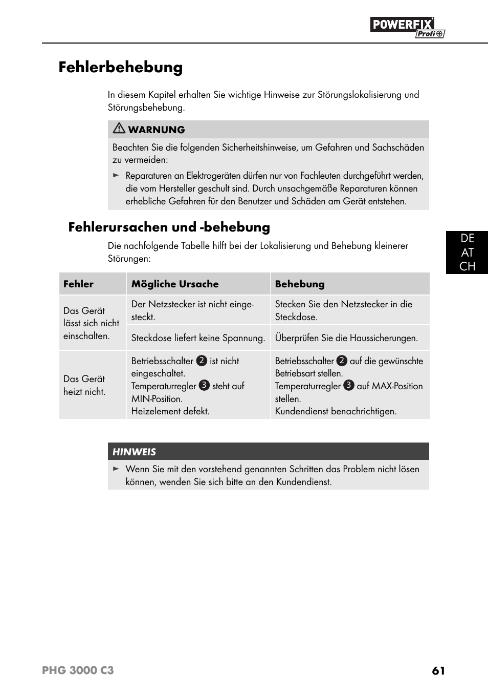 Fehlerbehebung, Fehlerursachen und -behebung, De at ch | Powerfix PHG 2500 C3 User Manual | Page 64 / 67