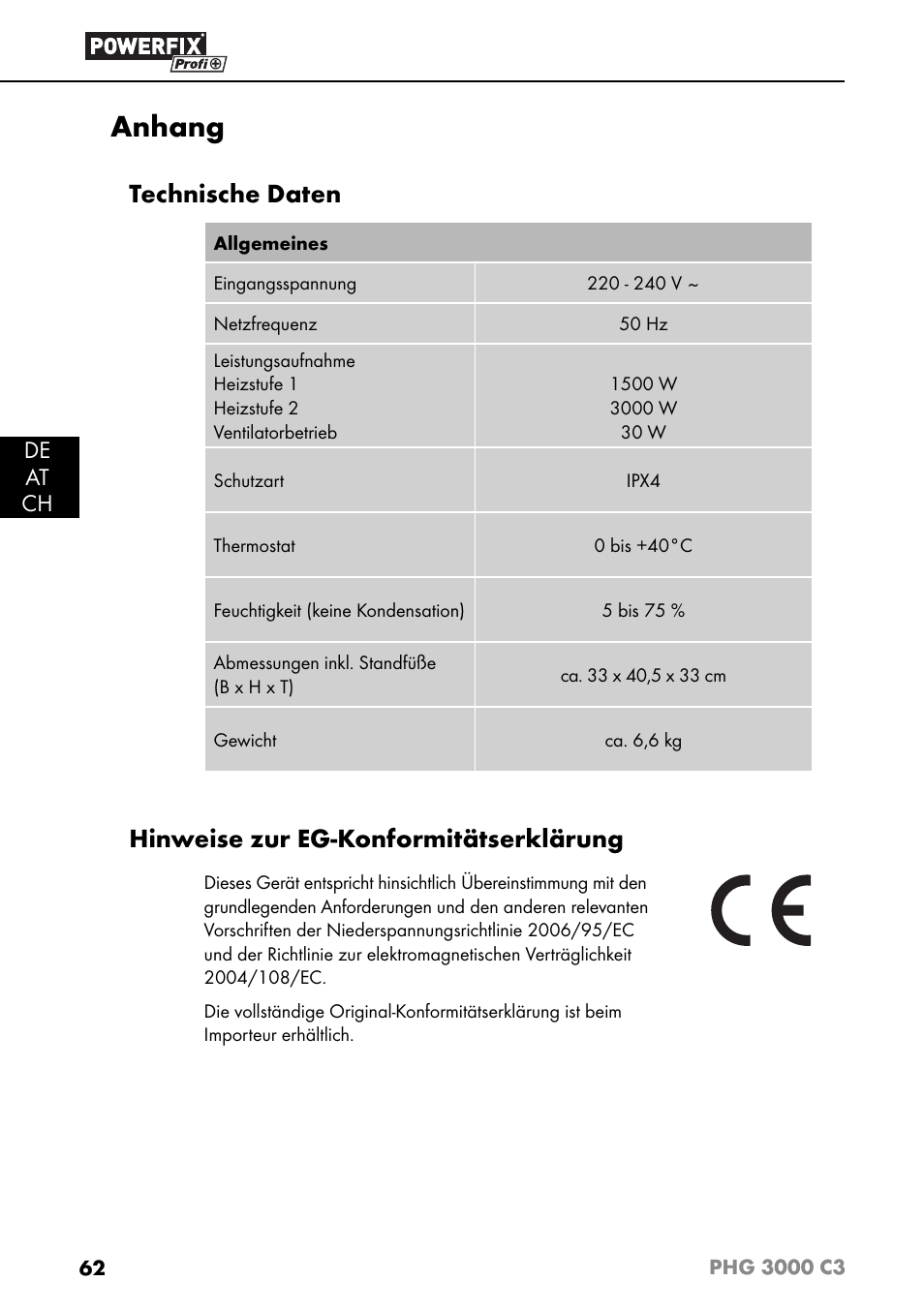 Anhang, Technische daten, Hinweise zur eg-konformitätserklärung | De at ch | Powerfix PHG 2500 C3 User Manual | Page 65 / 67