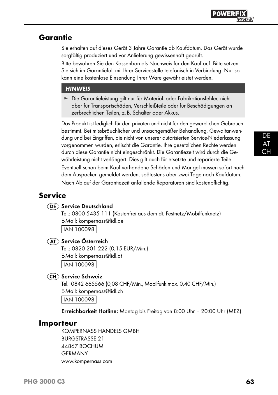 Garantie, Service, Importeur | De at ch | Powerfix PHG 2500 C3 User Manual | Page 66 / 67