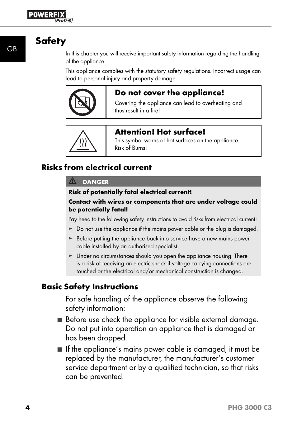 Safety, Do not cover the appliance, Attention! hot surface | Risks from electrical current | Powerfix PHG 2500 C3 User Manual | Page 7 / 67