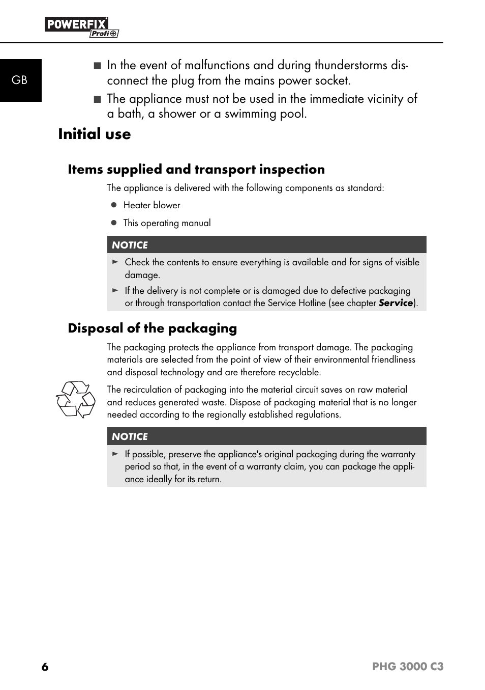 Initial use, Items supplied and transport inspection, Disposal of the packaging | Powerfix PHG 2500 C3 User Manual | Page 9 / 67