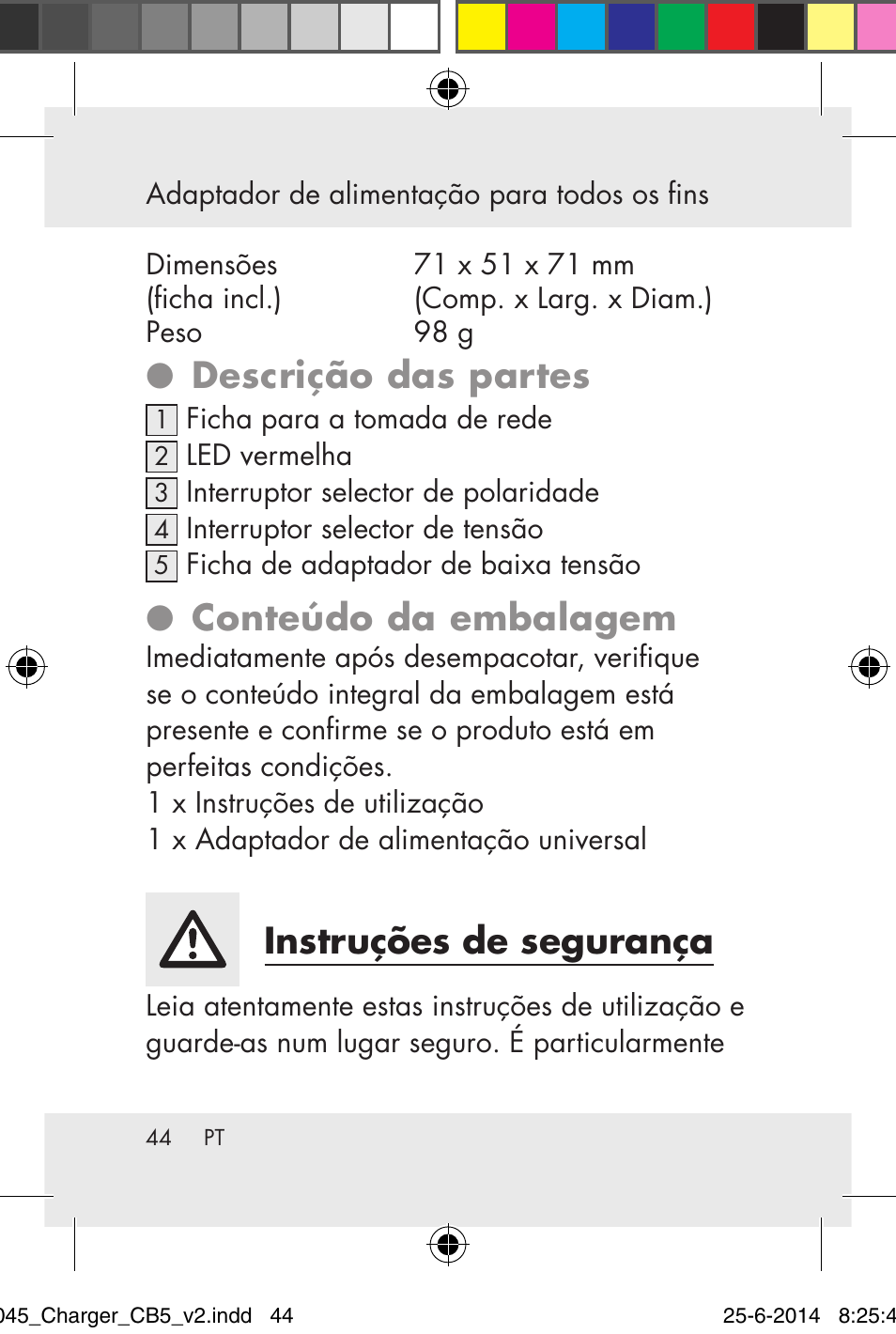 Descrição das partes, Conteúdo da embalagem, Instruções de segurança | Powerfix Power Socket Switch User Manual | Page 44 / 93