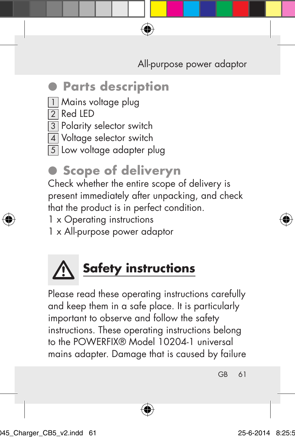 Parts description, Scope of deliveryn, Safety instructions | Powerfix Power Socket Switch User Manual | Page 61 / 93