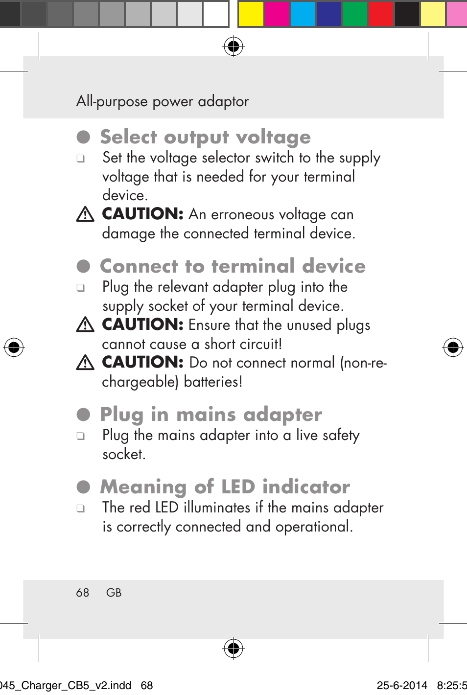 Select output voltage, Connect to terminal device, Plug in mains adapter | Meaning of led indicator | Powerfix Power Socket Switch User Manual | Page 68 / 93