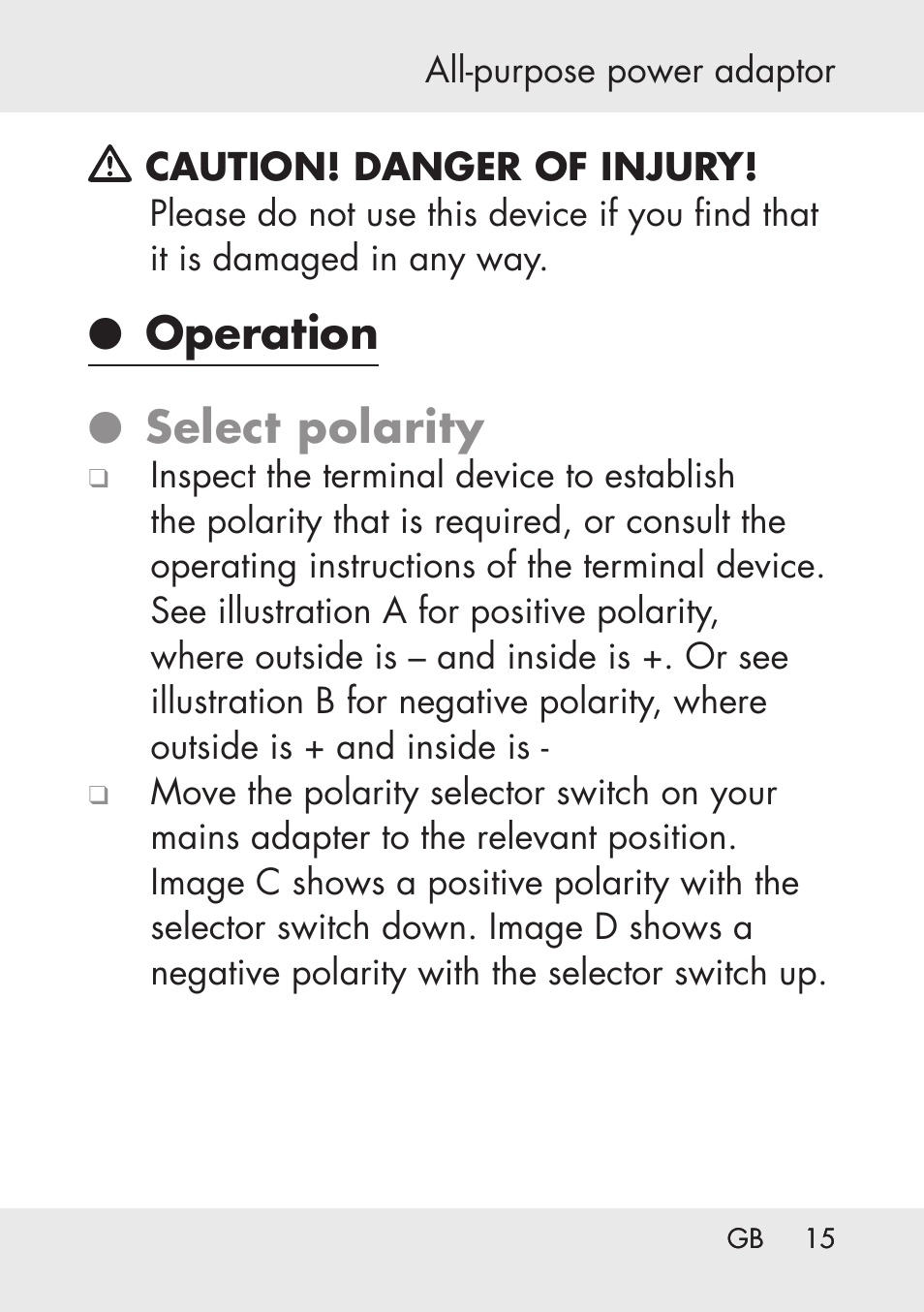 Operation ● select polarity | Powerfix Power Socket Switch User Manual | Page 15 / 76