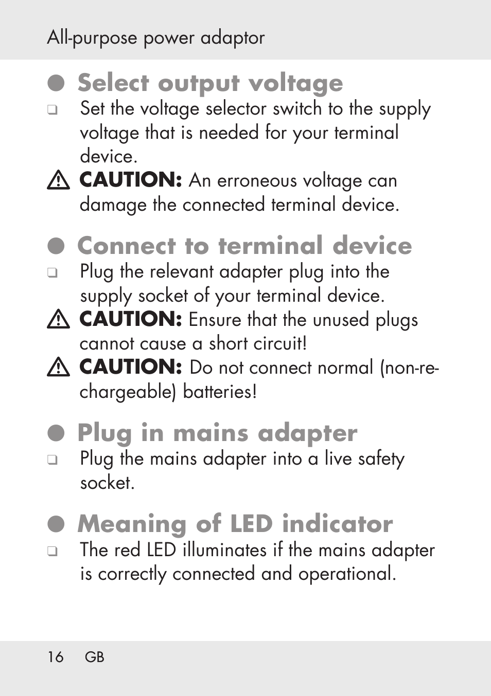 Select output voltage, Connect to terminal device, Plug in mains adapter | Meaning of led indicator | Powerfix Power Socket Switch User Manual | Page 16 / 76