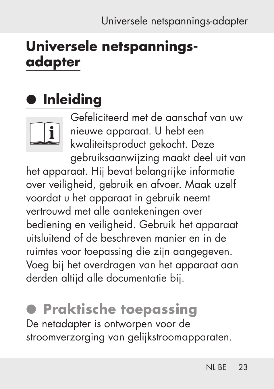 Universele netspannings- adapter ● inleiding, Praktische toepassing | Powerfix Power Socket Switch User Manual | Page 23 / 76