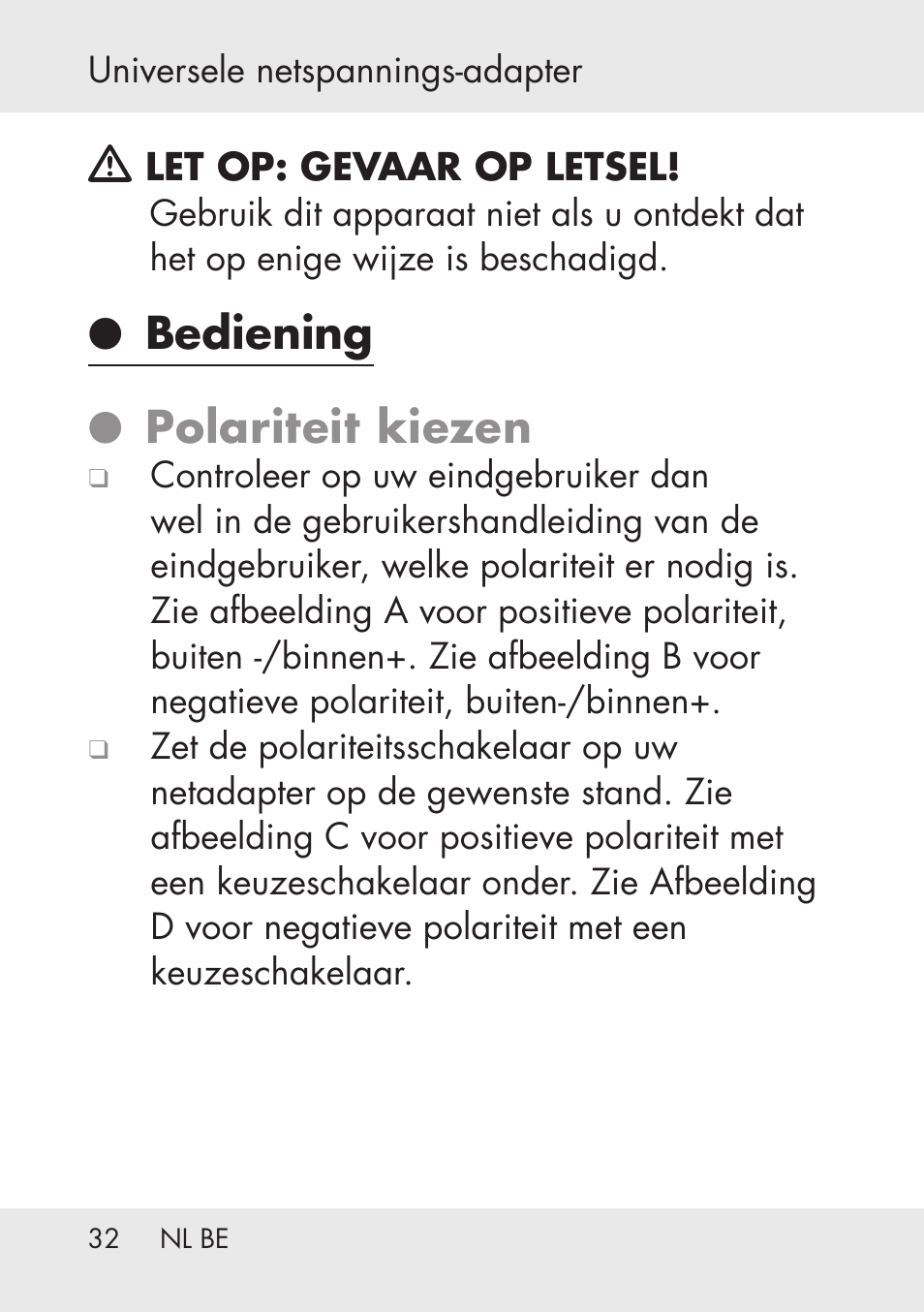 Bediening ● polariteit kiezen | Powerfix Power Socket Switch User Manual | Page 32 / 76