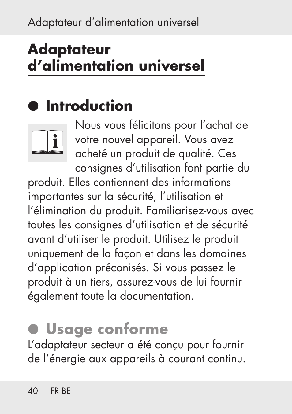 Adaptateur d’alimentation universel ● introduction, Usage conforme | Powerfix Power Socket Switch User Manual | Page 40 / 76