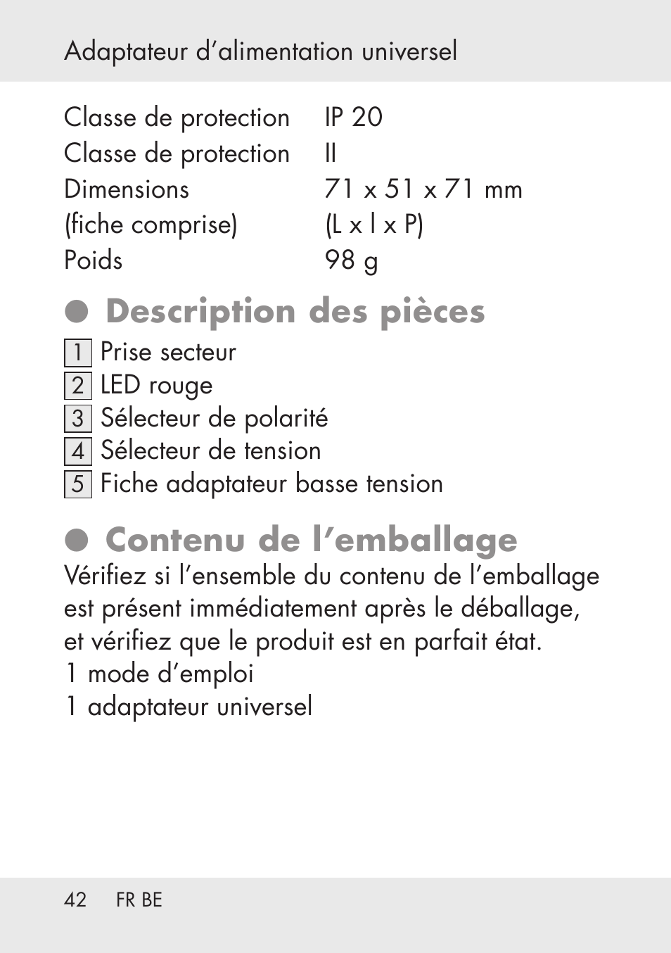 Description des pièces, Contenu de l’emballage | Powerfix Power Socket Switch User Manual | Page 42 / 76