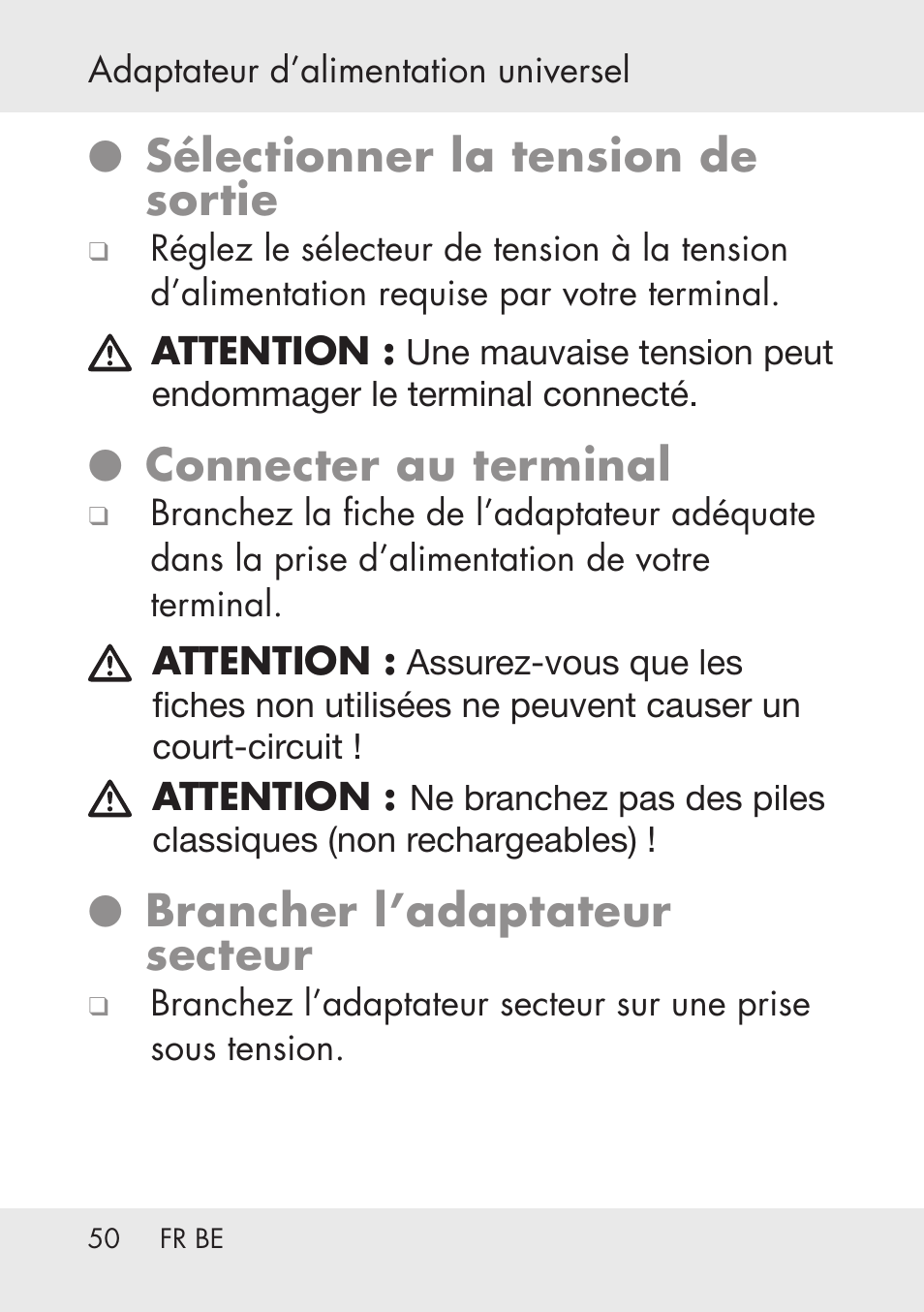 Sélectionner la tension de sortie, Connecter au terminal, Brancher l’adaptateur secteur | Powerfix Power Socket Switch User Manual | Page 50 / 76