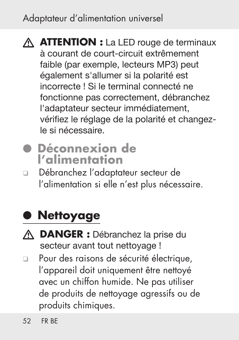 Déconnexion de l’alimentation, Nettoyage | Powerfix Power Socket Switch User Manual | Page 52 / 76