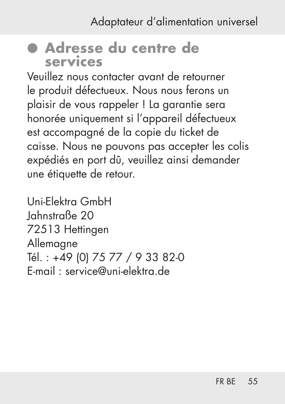 Adresse du centre de services | Powerfix Power Socket Switch User Manual | Page 55 / 76