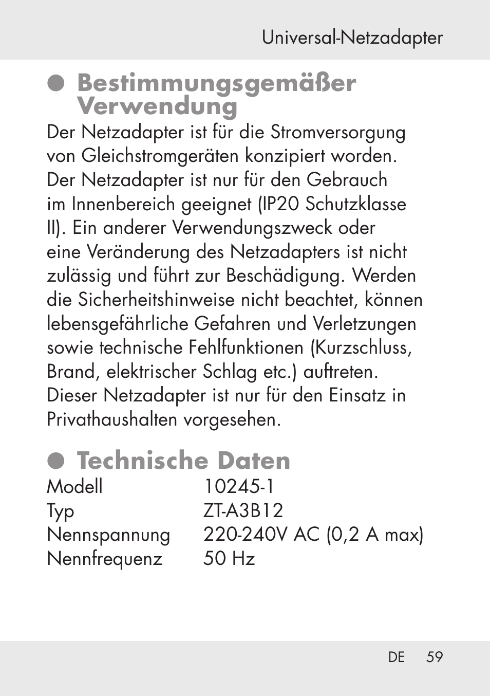 Bestimmungsgemäßer verwendung, Technische daten | Powerfix Power Socket Switch User Manual | Page 59 / 76
