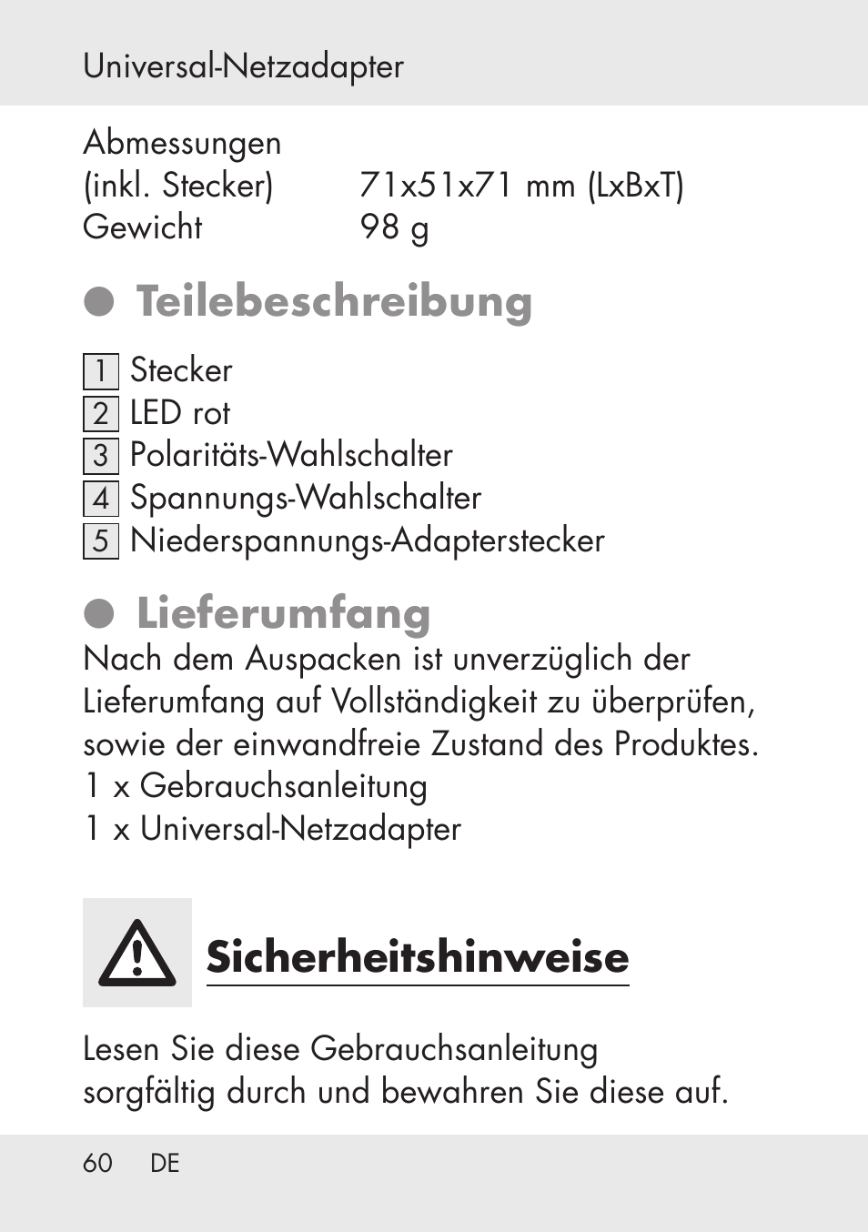 Teilebeschreibung, Lieferumfang, Sicherheitshinweise | Powerfix Power Socket Switch User Manual | Page 60 / 76