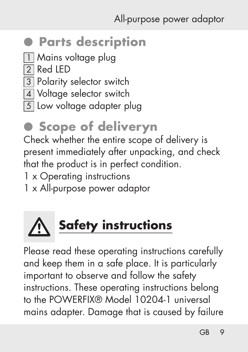 Parts description, Scope of deliveryn, Safety instructions | Powerfix Power Socket Switch User Manual | Page 9 / 76