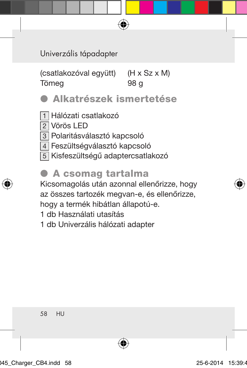 Alkatrészek ismertetése, A csomag tartalma | Powerfix Power Socket Switch User Manual | Page 58 / 92