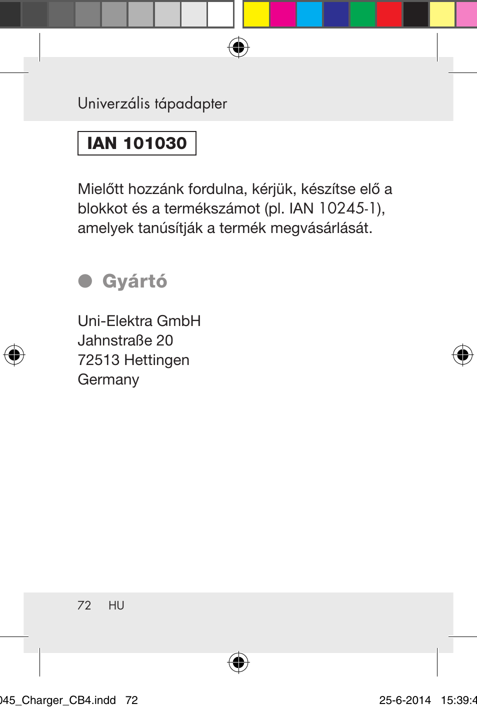 Gyártó | Powerfix Power Socket Switch User Manual | Page 72 / 92