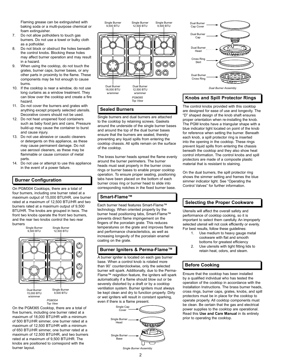 Burner configuration, Sealed burners, Smart-flame | Burner igniters & perma-flame, Before cooking | Dacor Cooktops User Manual | Page 4 / 12