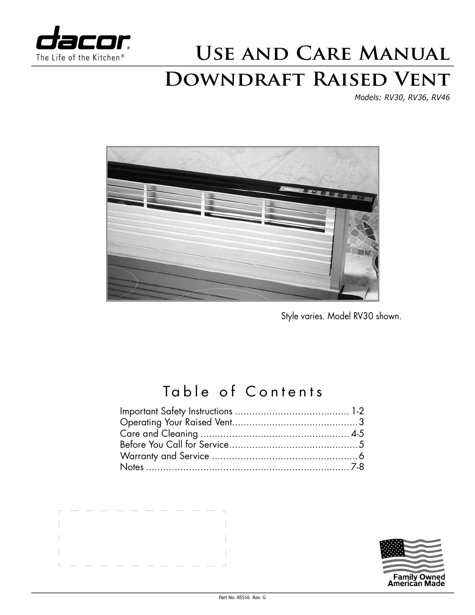 Dacor RV36 User Manual | 12 pages