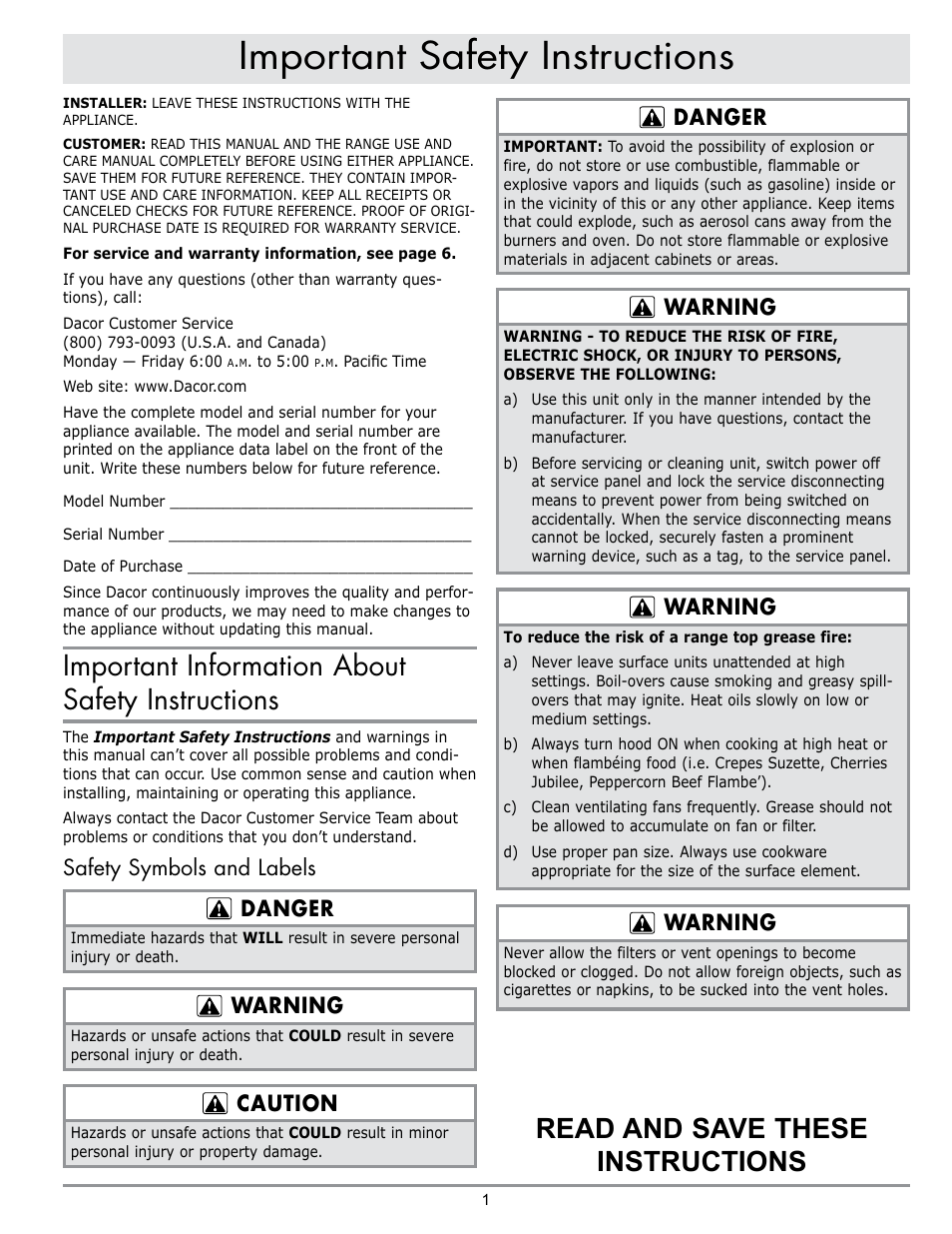 Important safety instructions, Important information about safety instructions, Read and save these instructions | Safety symbols and labels danger, Warning, Caution, Danger | Dacor RV36 User Manual | Page 3 / 12