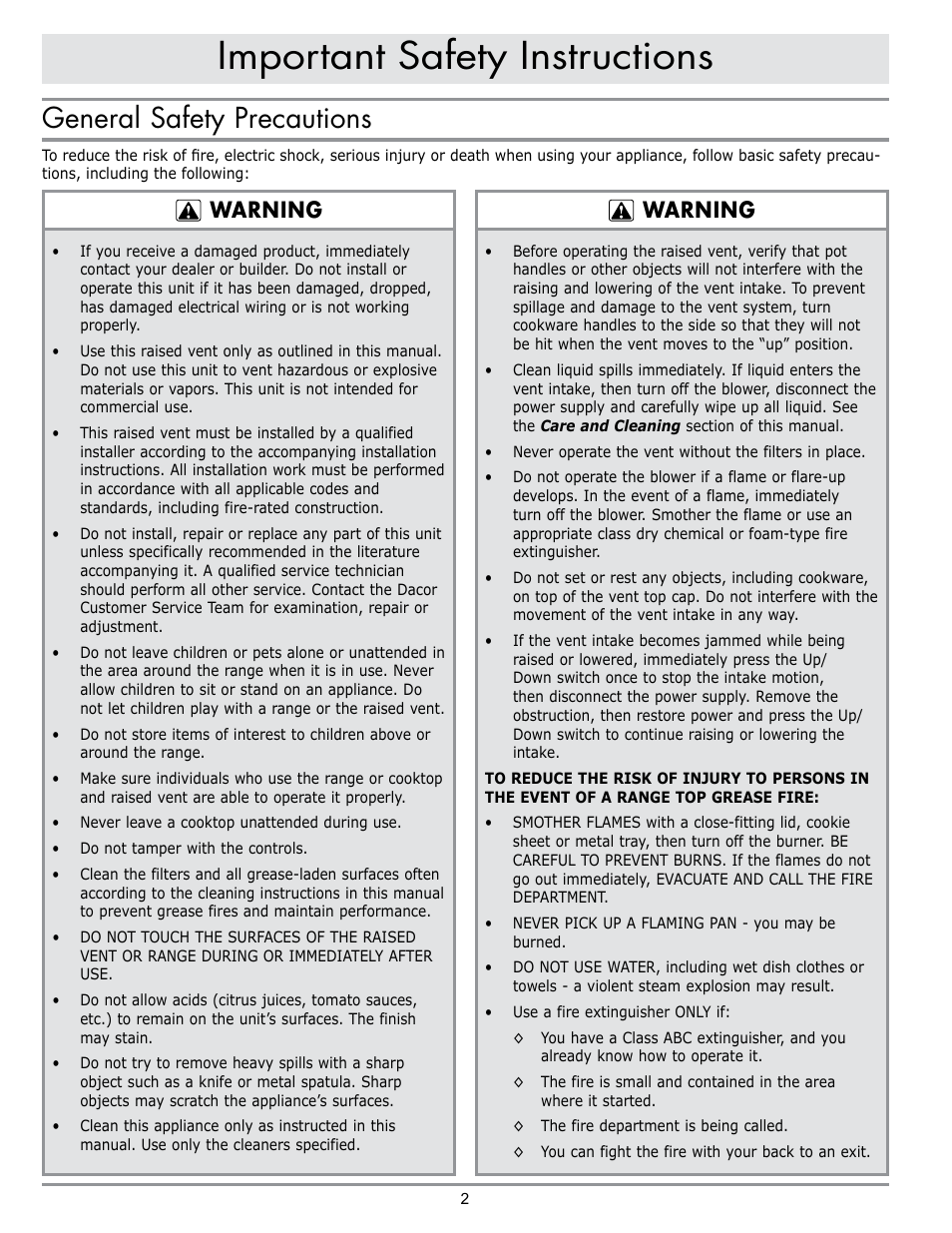 Important safety instructions, General safety precautions, Warning | Dacor RV36 User Manual | Page 4 / 12