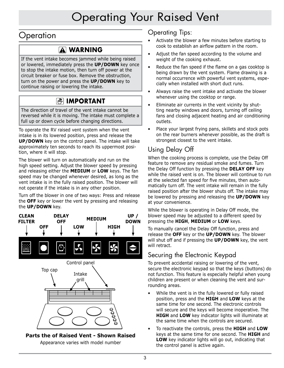 Operating your raised vent, Operation, Warning | Important, Operating tips, Using delay off, Securing the electronic keypad | Dacor RV36 User Manual | Page 5 / 12