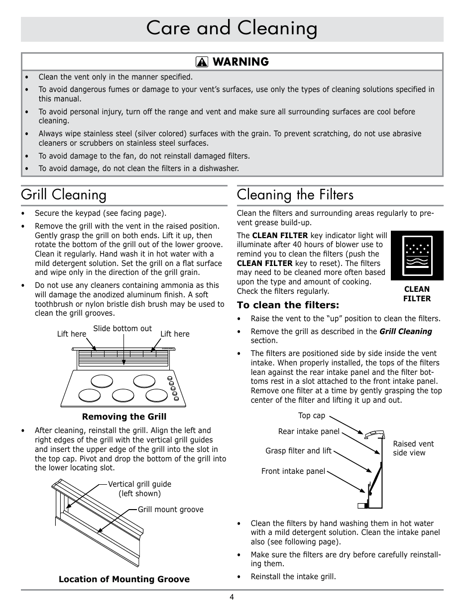 Care and cleaning, Cleaning the filters, Grill cleaning | Warning | Dacor RV36 User Manual | Page 6 / 12