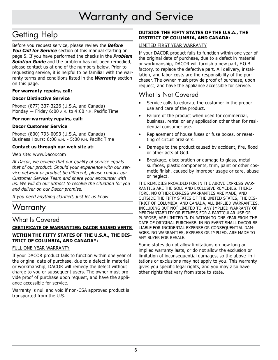 Warranty and service, Getting help, Warranty | What is covered, What is not covered | Dacor RV36 User Manual | Page 8 / 12