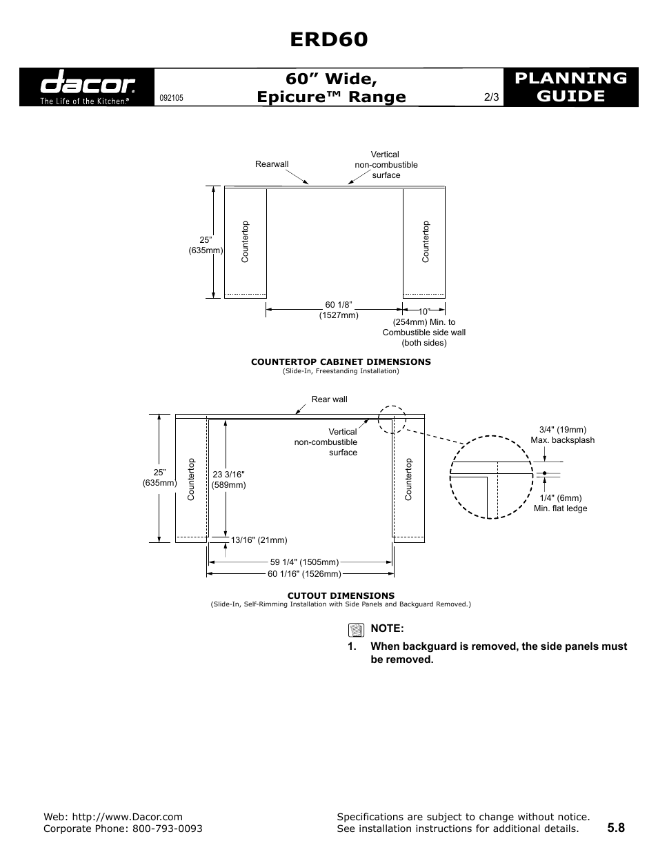 Erd60, Planning guide, 60” wide, epicure™ range | Dacor ERD60 User Manual | Page 2 / 3