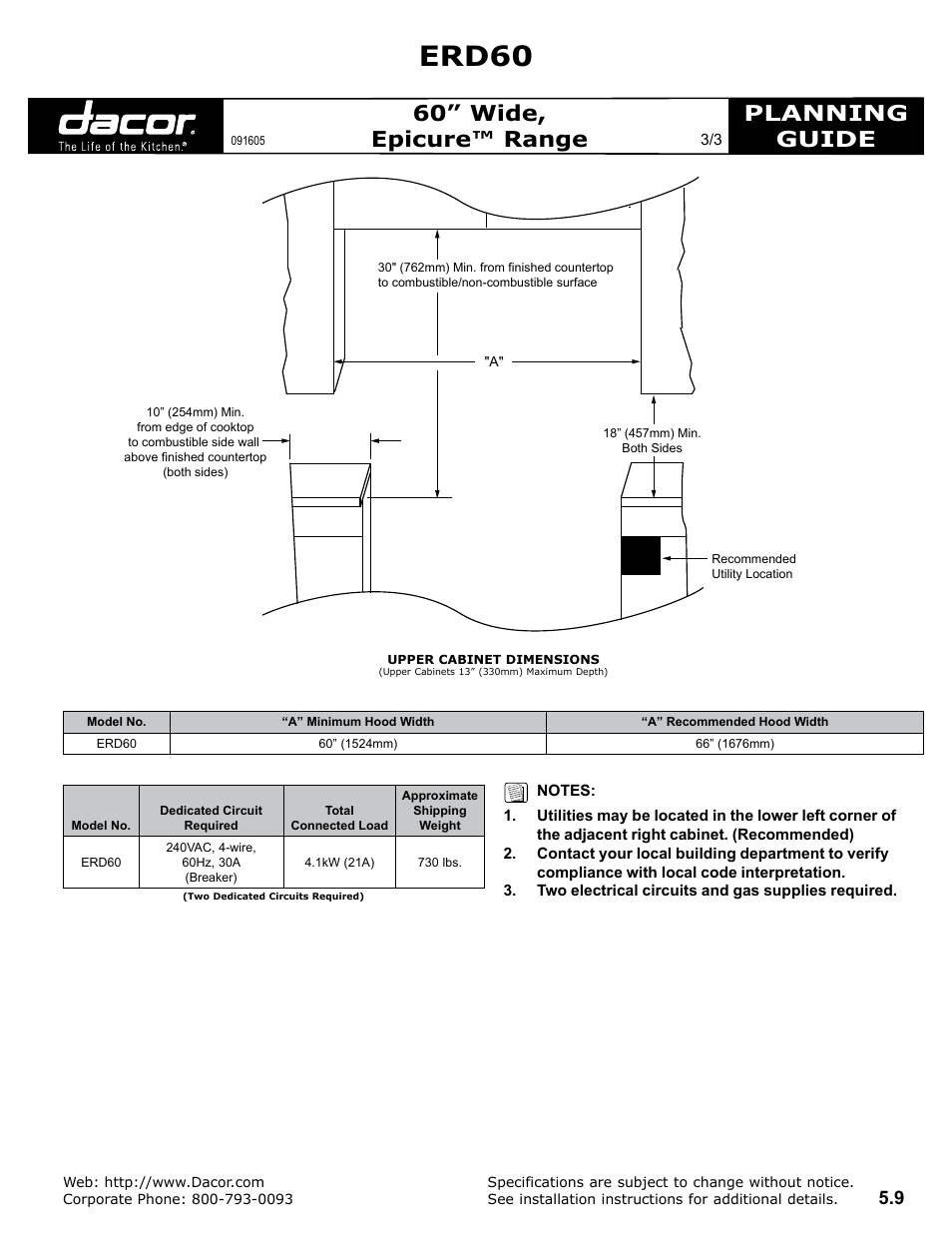 Erd60, Planning guide, 60” wide, epicure™ range | Dacor ERD60 User Manual | Page 3 / 3