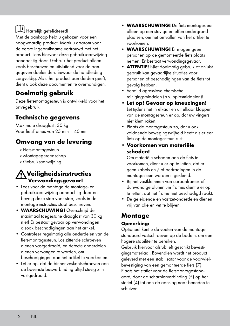 Doelmatig gebruik, Technische gegevens, Omvang van de levering | Veiligheidsinstructies, Montage | Powerfix Bike Workstand User Manual | Page 12 / 18