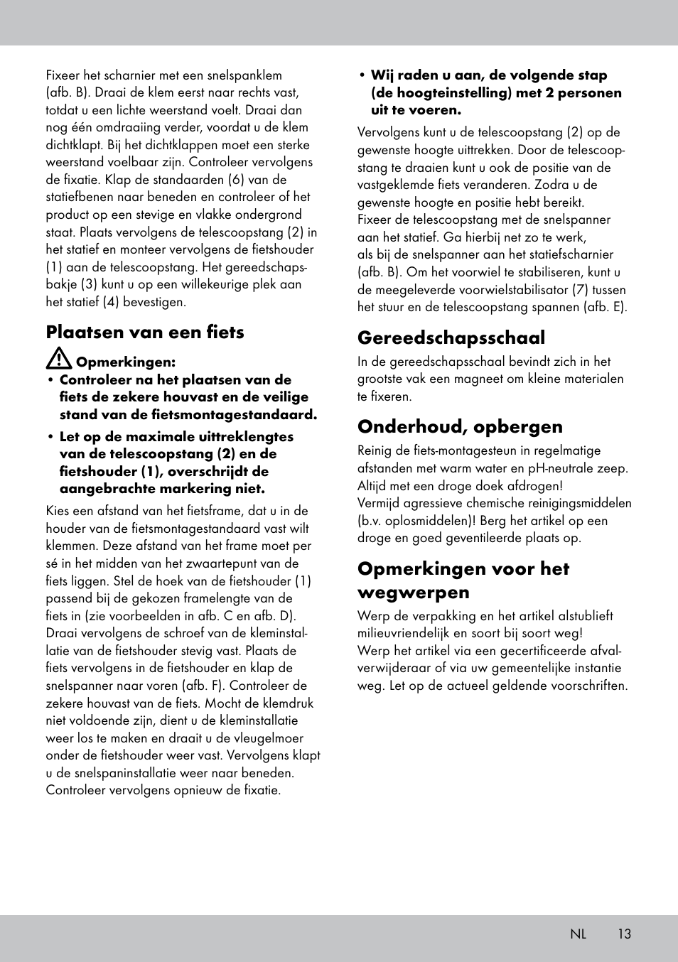 Gereedschapsschaal, Onderhoud, opbergen, Opmerkingen voor het wegwerpen | Plaatsen van een fiets | Powerfix Bike Workstand User Manual | Page 13 / 18