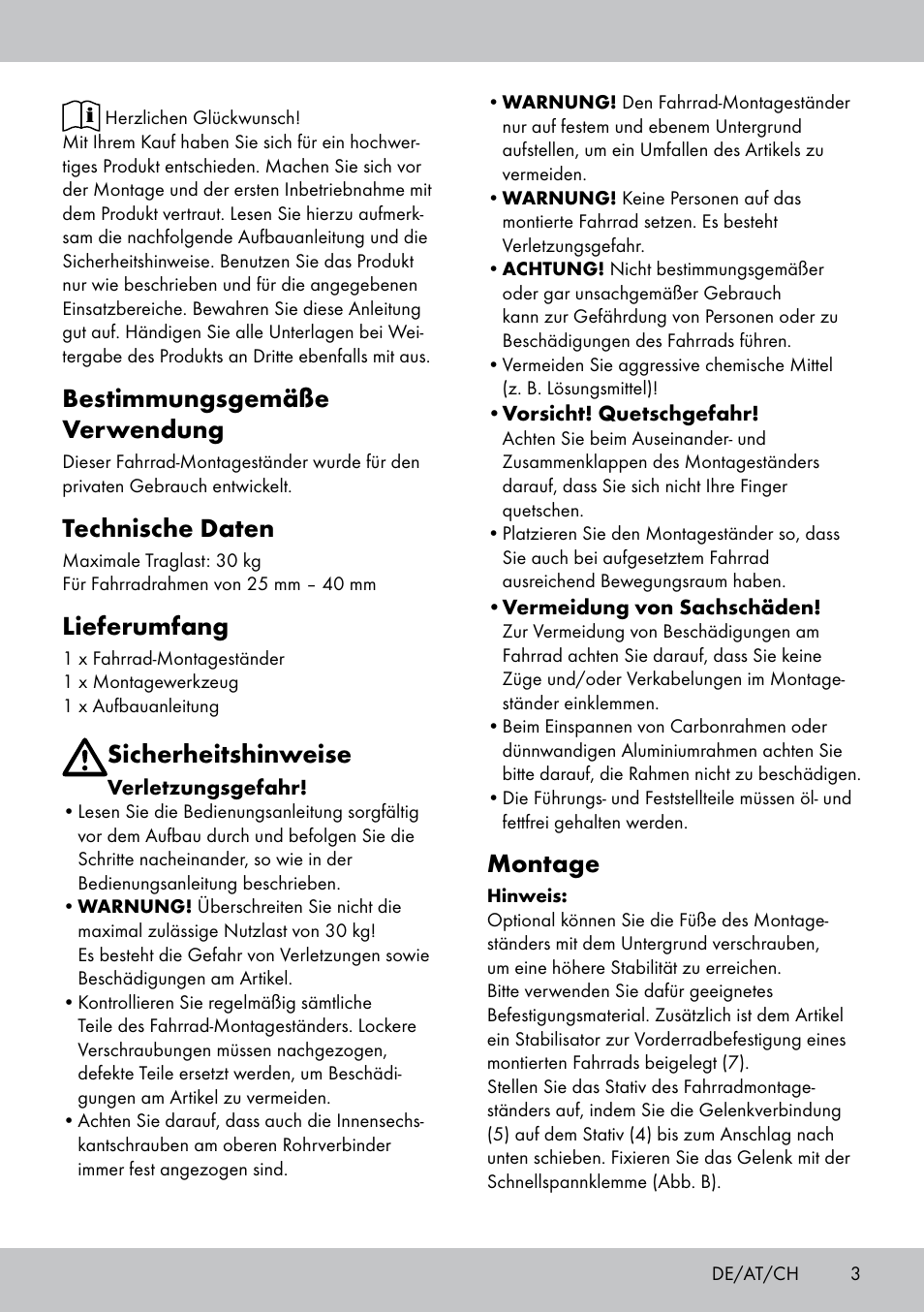 Bestimmungsgemäße verwendung, Technische daten, Lieferumfang | Sicherheitshinweise, Montage | Powerfix Bike Workstand User Manual | Page 3 / 18