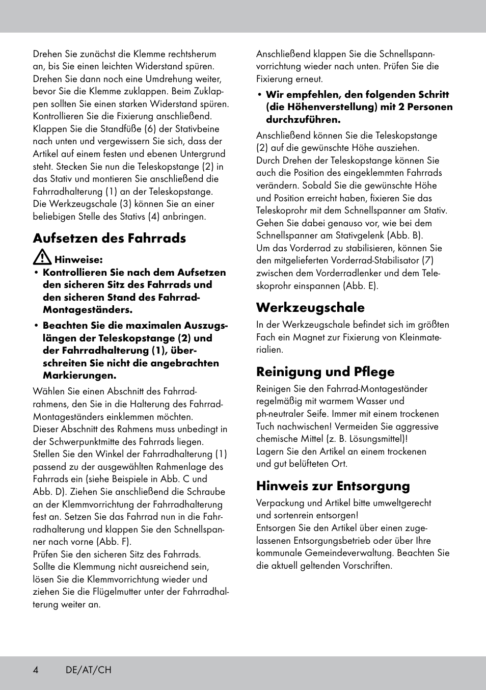 Werkzeugschale, Reinigung und pflege, Hinweis zur entsorgung | Aufsetzen des fahrrads | Powerfix Bike Workstand User Manual | Page 4 / 18