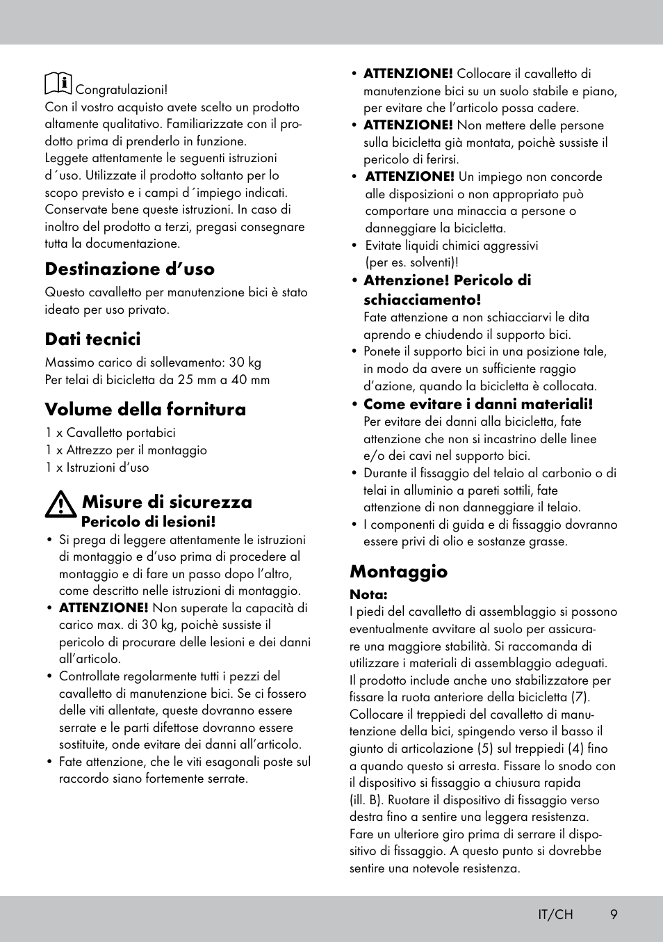 Destinazione d’uso, Dati tecnici, Volume della fornitura | Misure di sicurezza, Montaggio | Powerfix Bike Workstand User Manual | Page 9 / 18