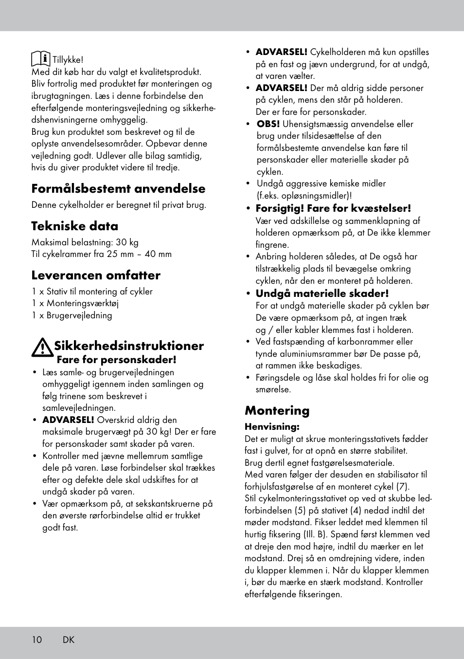 Formålsbestemt anvendelse, Tekniske data, Leverancen omfatter | Sikkerhedsinstruktioner, Montering | Powerfix Bike Workstand User Manual | Page 10 / 20