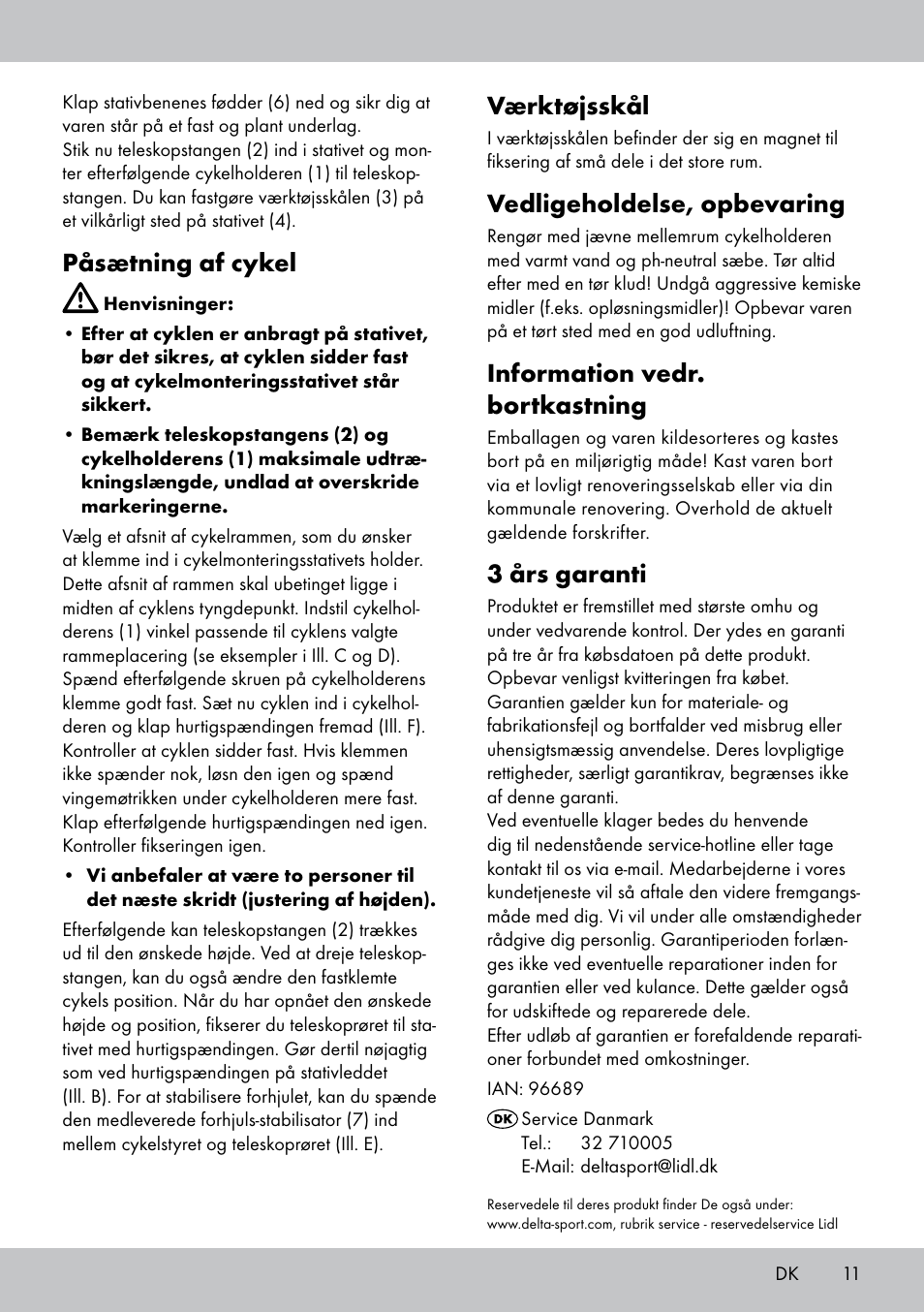 Værktøjsskål, Vedligeholdelse, opbevaring, Information vedr. bortkastning | 3 års garanti, Påsætning af cykel | Powerfix Bike Workstand User Manual | Page 11 / 20