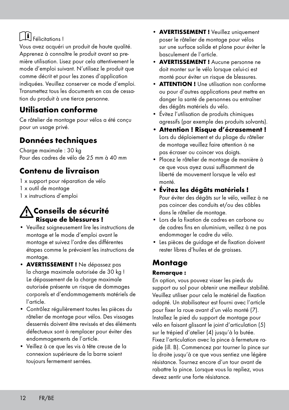 Utilisation conforme, Données techniques, Contenu de livraison | Conseils de sécurité, Montage | Powerfix Bike Workstand User Manual | Page 12 / 20