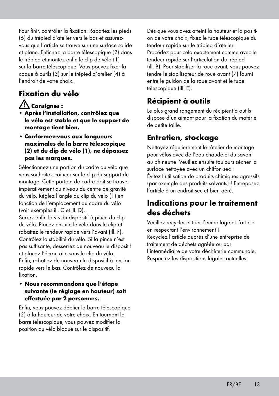 Récipient à outils, Entretien, stockage, Indications pour le traitement des déchets | Fixation du vélo | Powerfix Bike Workstand User Manual | Page 13 / 20