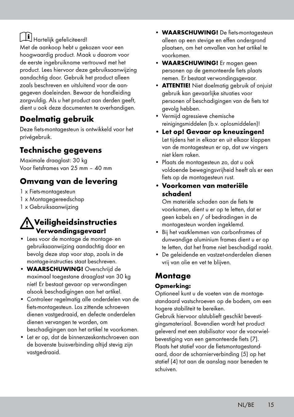 Doelmatig gebruik, Technische gegevens, Omvang van de levering | Veiligheidsinstructies, Montage | Powerfix Bike Workstand User Manual | Page 15 / 20