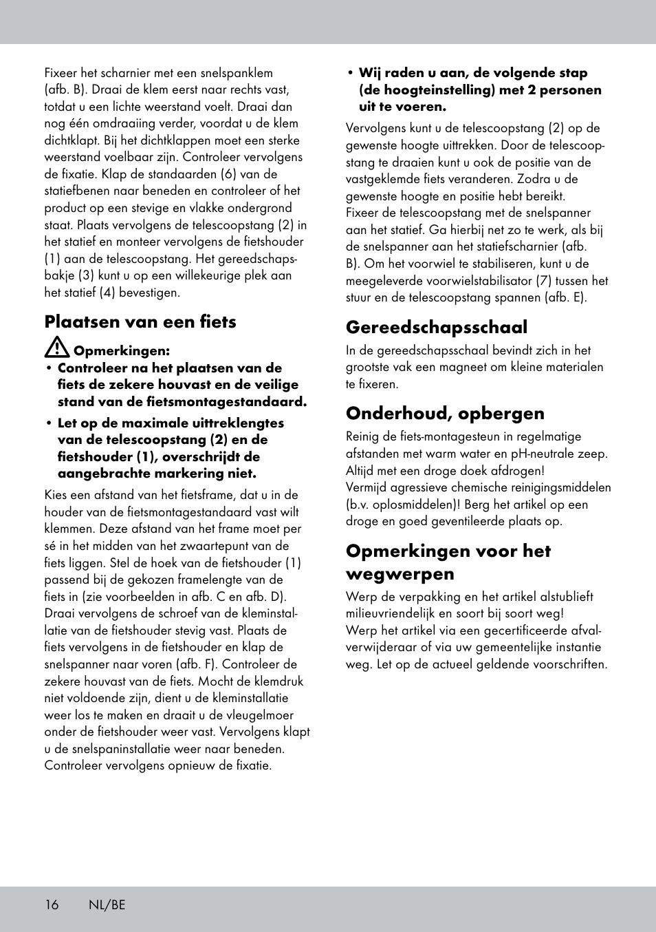 Gereedschapsschaal, Onderhoud, opbergen, Opmerkingen voor het wegwerpen | Plaatsen van een fiets | Powerfix Bike Workstand User Manual | Page 16 / 20