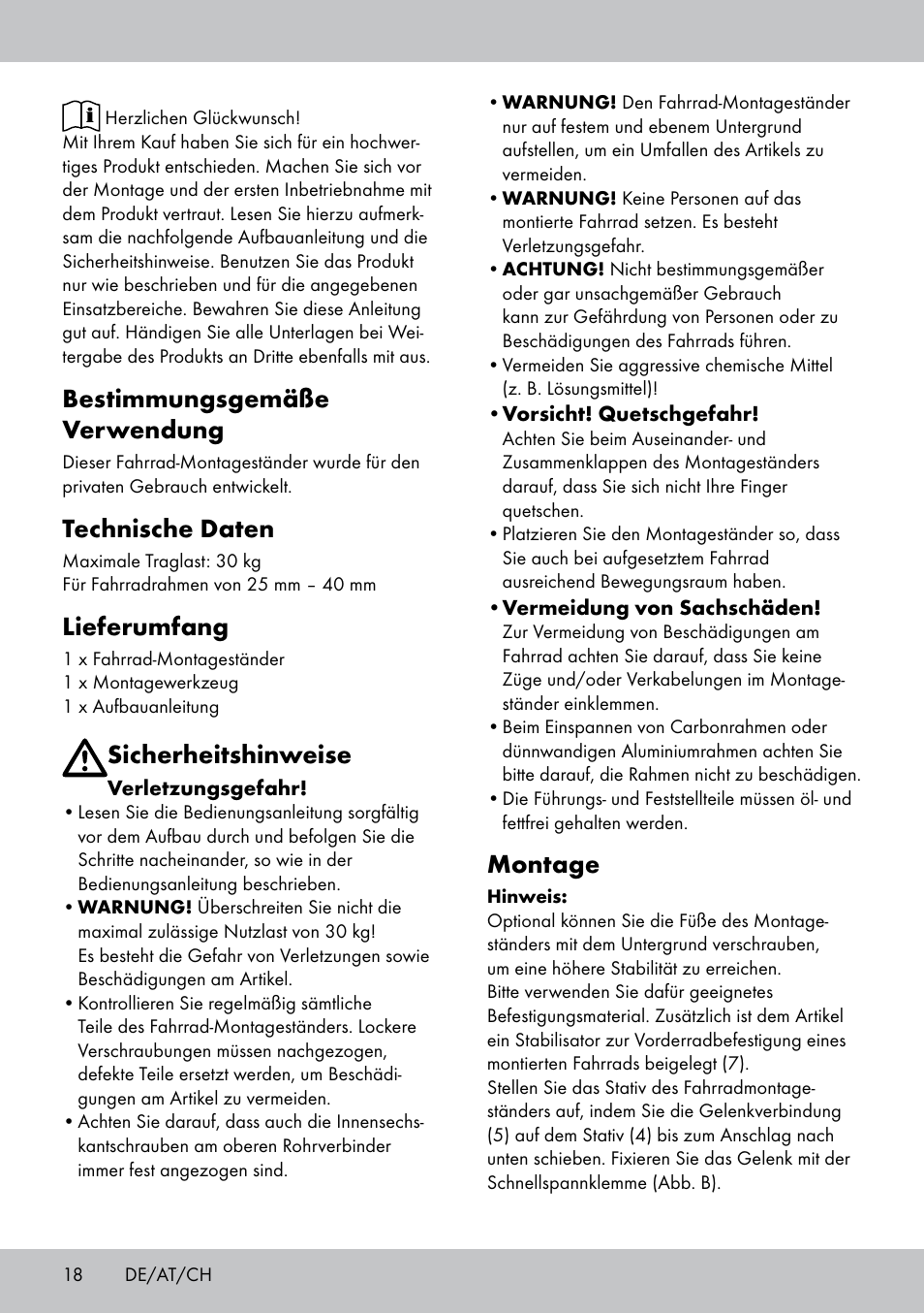 Bestimmungsgemäße verwendung, Technische daten, Lieferumfang | Sicherheitshinweise, Montage | Powerfix Bike Workstand User Manual | Page 18 / 20
