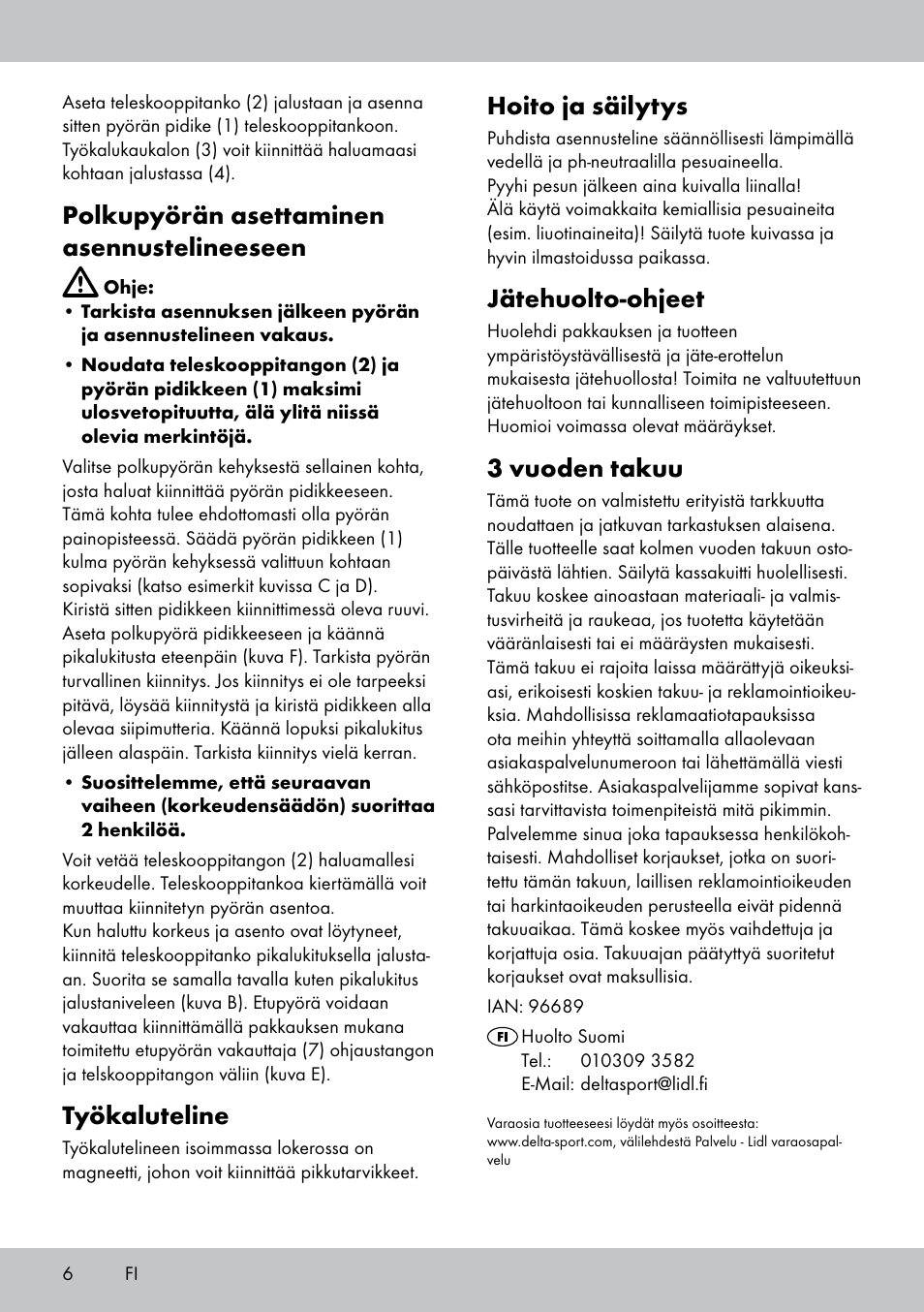 Hoito ja säilytys, Jätehuolto-ohjeet, 3 vuoden takuu | Polkupyörän asettaminen asennustelineeseen, Työkaluteline | Powerfix Bike Workstand User Manual | Page 6 / 20