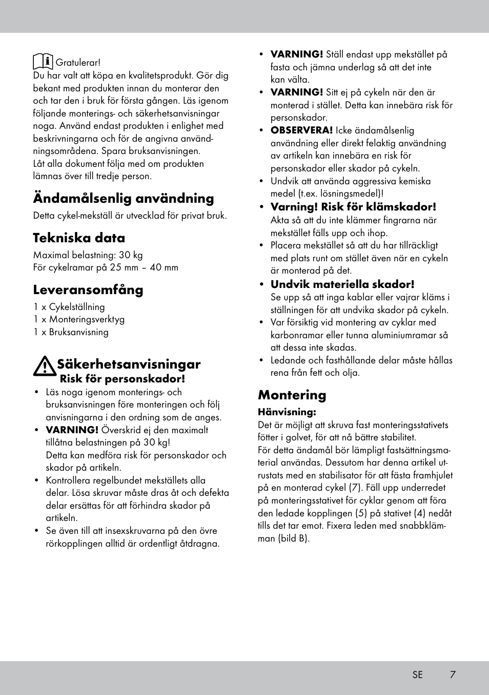 Ändamålsenlig användning, Tekniska data, Leveransomfång | Säkerhetsanvisningar, Montering | Powerfix Bike Workstand User Manual | Page 7 / 20
