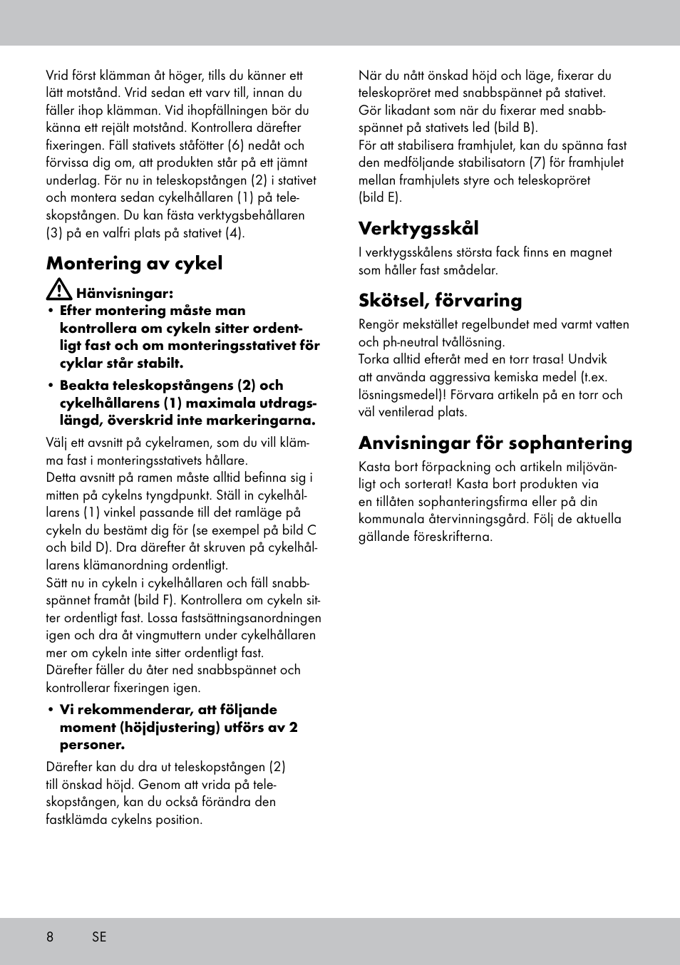 Verktygsskål, Skötsel, förvaring, Anvisningar för sophantering | Montering av cykel | Powerfix Bike Workstand User Manual | Page 8 / 20