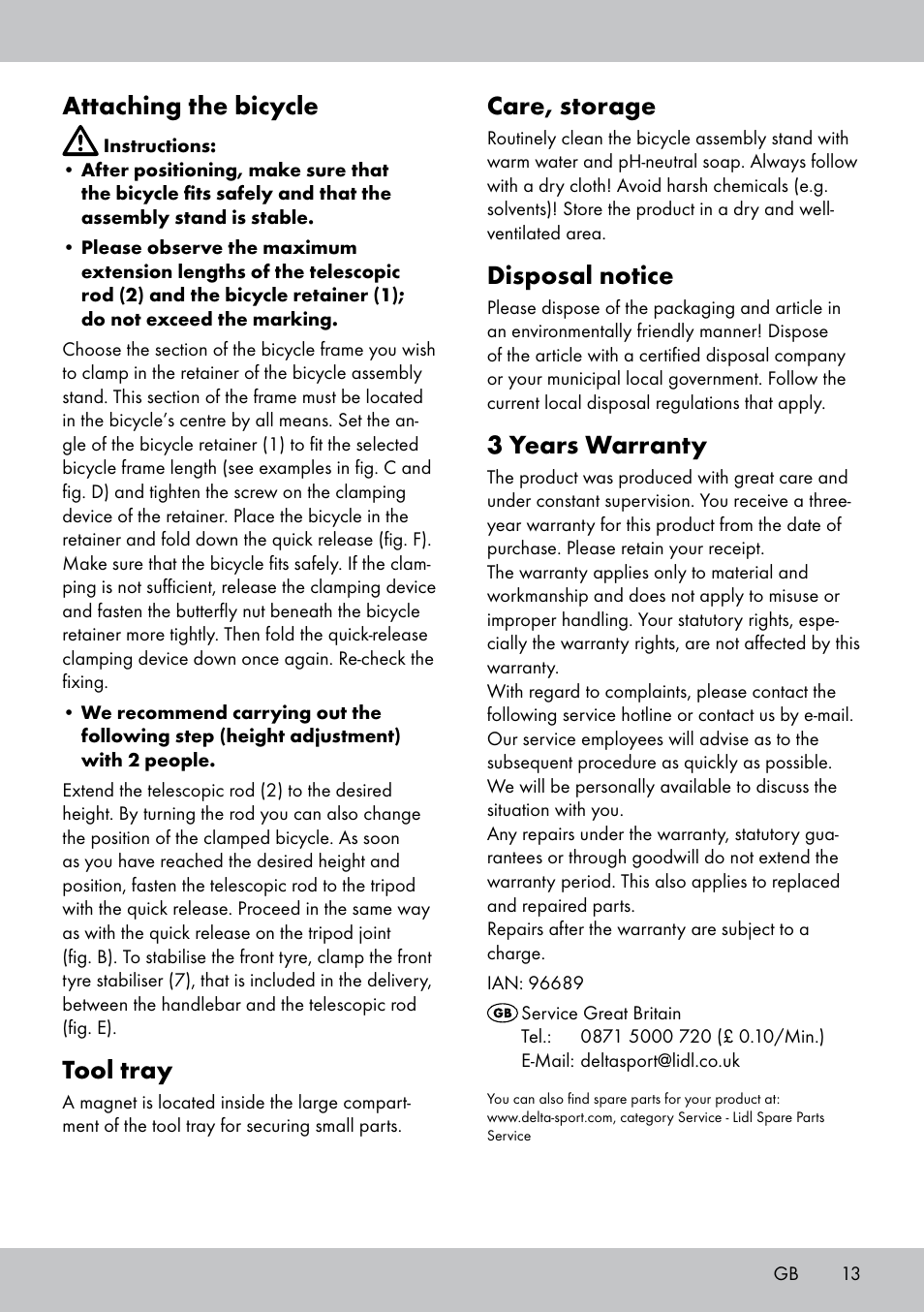 Care, storage, Disposal notice, 3 years warranty | Attaching the bicycle, Tool tray | Powerfix Bike Workstand User Manual | Page 13 / 14